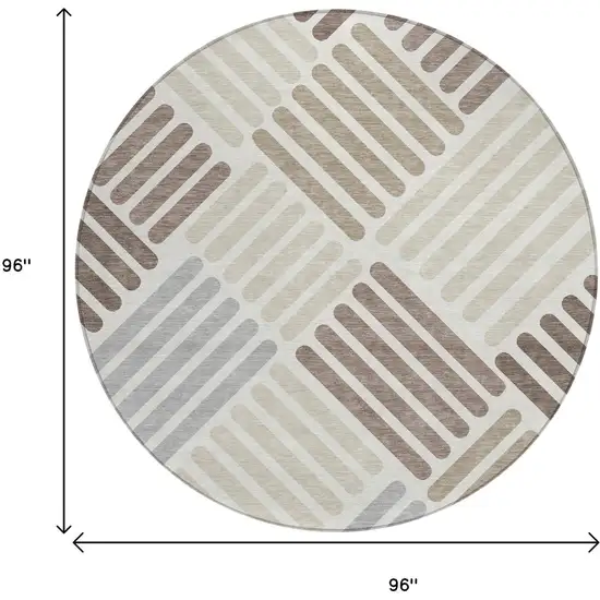 8' Ivory Beige And Brown Round Geometric Washable Indoor Outdoor Area Rug Photo 3