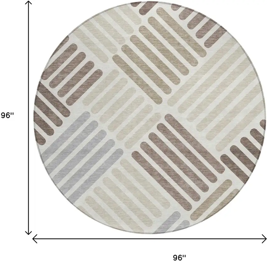 8' Ivory Beige And Brown Round Geometric Washable Indoor Outdoor Area Rug Photo 3