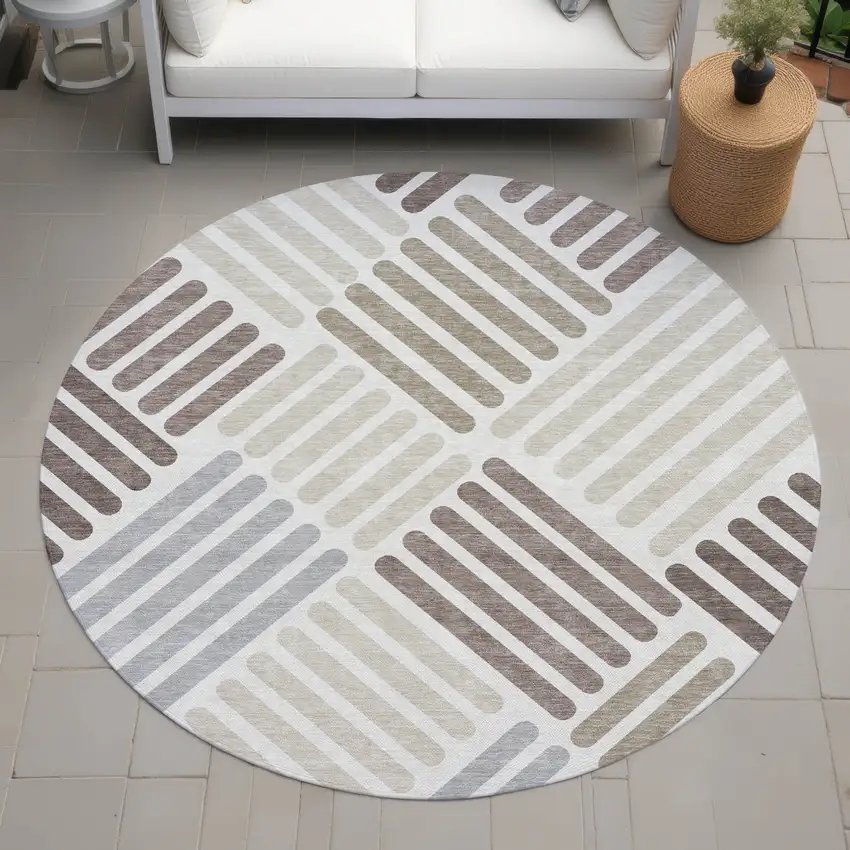 8' Ivory Beige And Brown Round Geometric Washable Indoor Outdoor Area Rug Photo 8