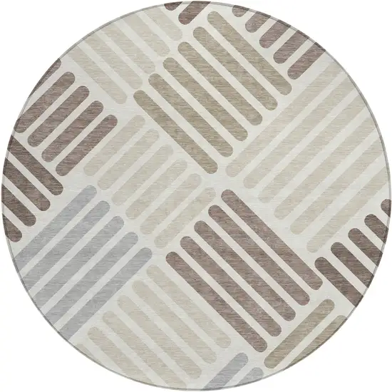 8' Ivory Beige And Brown Round Geometric Washable Indoor Outdoor Area Rug Photo 2