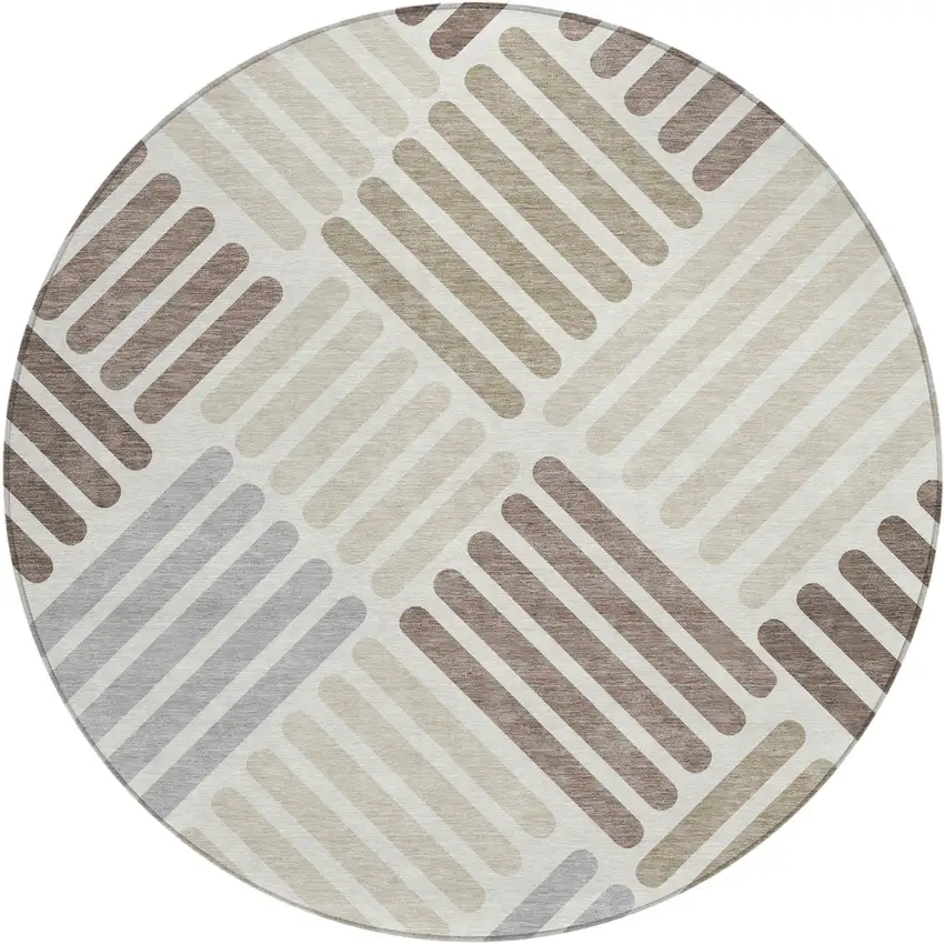 8' Ivory Beige And Brown Round Geometric Washable Indoor Outdoor Area Rug Photo 2