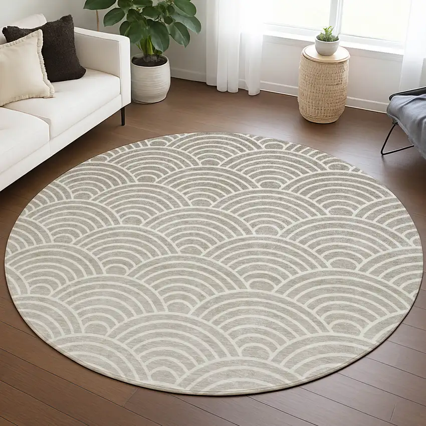 8' Ivory Beige And Brown Round Geometric Washable Indoor Outdoor Area Rug Photo 5