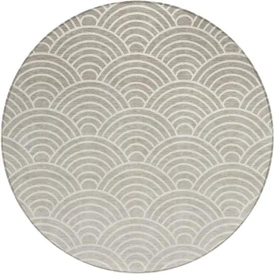 8' Ivory Beige And Brown Round Geometric Washable Indoor Outdoor Area Rug Photo 1