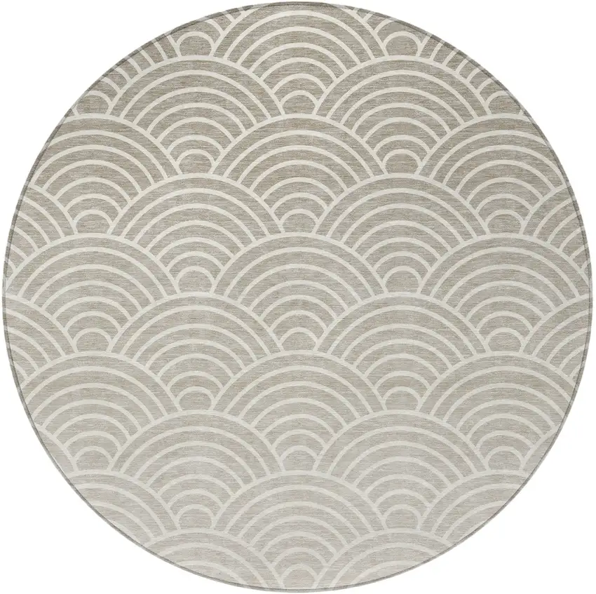 8' Ivory Beige And Brown Round Geometric Washable Indoor Outdoor Area Rug Photo 3