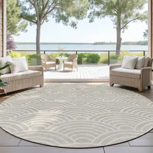 Photo of 8' Ivory Beige And Brown Round Geometric Washable Indoor Outdoor Area Rug