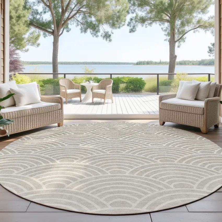 8' Ivory Beige And Brown Round Geometric Washable Indoor Outdoor Area Rug Photo 4