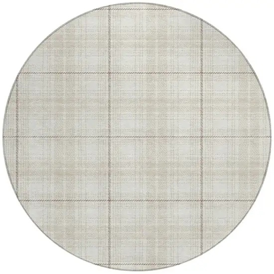 8' Ivory Beige And Brown Round Plaid Washable Indoor Outdoor Area Rug Photo 4