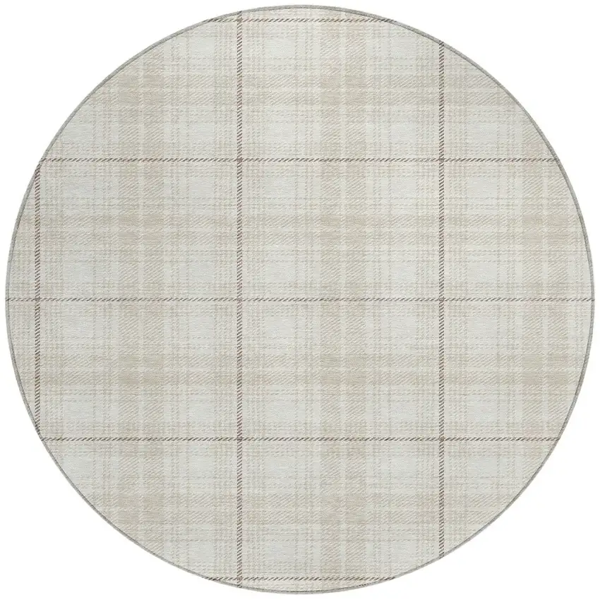 8' Ivory Beige And Brown Round Plaid Washable Indoor Outdoor Area Rug Photo 4