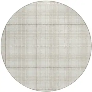 Photo of 8' Ivory Beige And Brown Round Plaid Washable Indoor Outdoor Area Rug