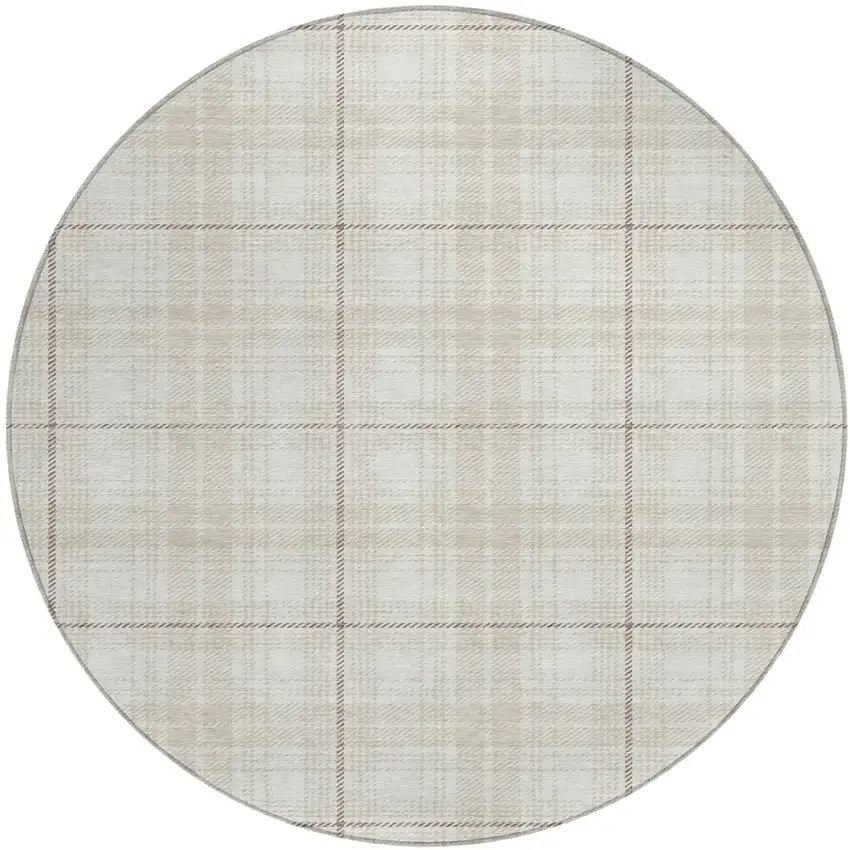 8' Ivory Beige And Brown Round Plaid Washable Indoor Outdoor Area Rug Photo 2