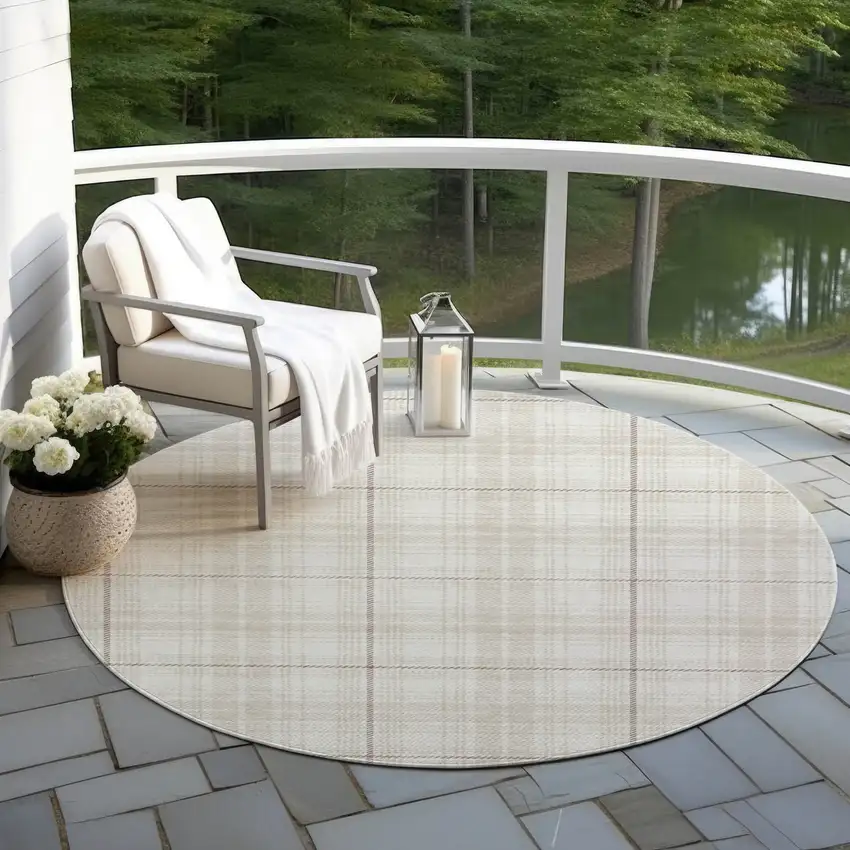 8' Ivory Beige And Brown Round Plaid Washable Indoor Outdoor Area Rug Photo 5