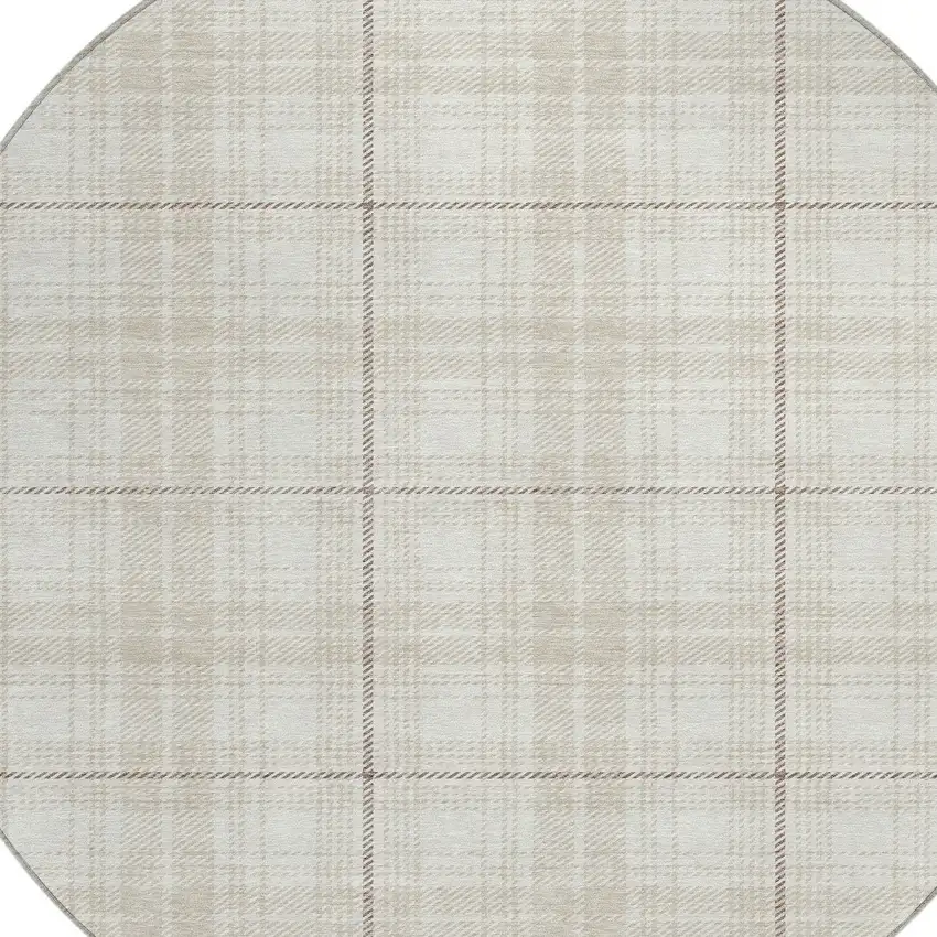 8' Ivory Beige And Brown Round Plaid Washable Indoor Outdoor Area Rug Photo 3