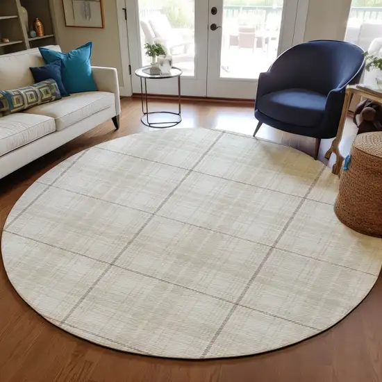 8' Ivory Beige And Brown Round Plaid Washable Indoor Outdoor Area Rug Photo 6