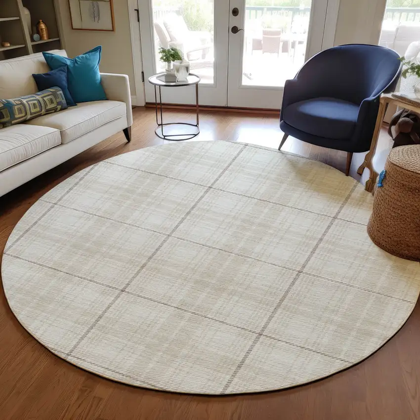 8' Ivory Beige And Brown Round Plaid Washable Indoor Outdoor Area Rug Photo 6