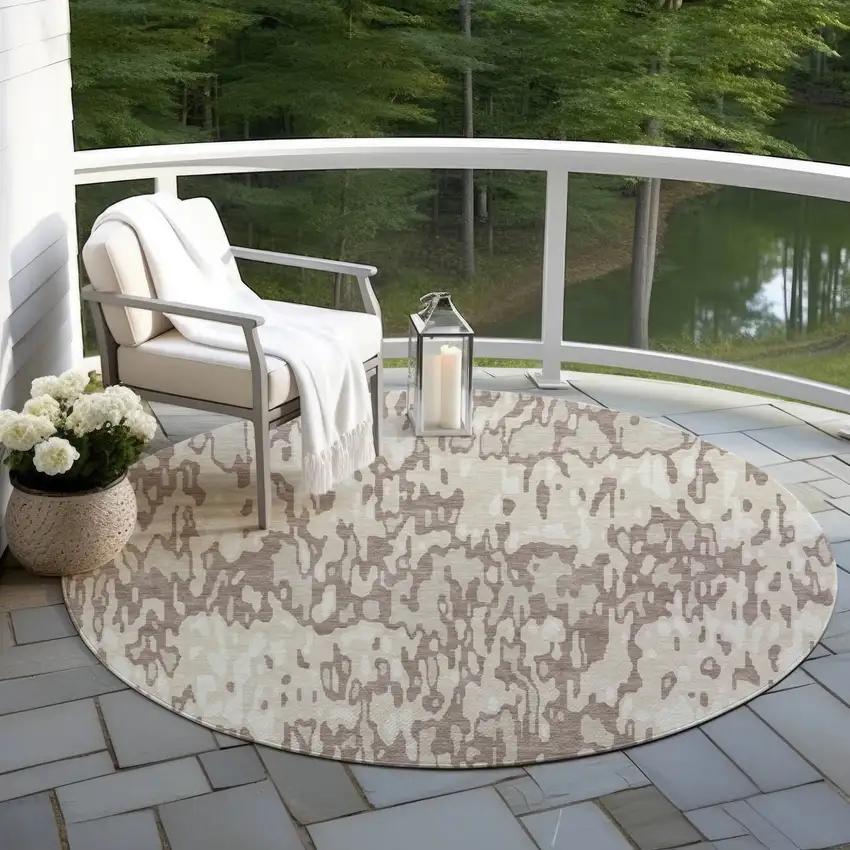 8' Ivory Beige And Brown Round Striped Washable Indoor Outdoor Area Rug Photo 6