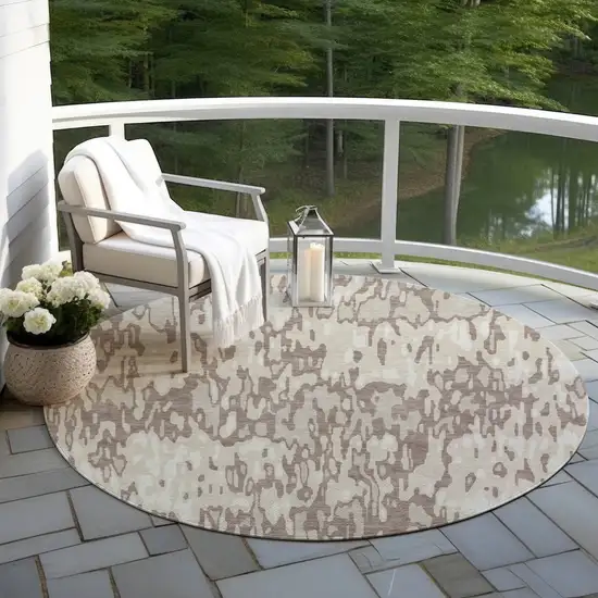 8' Ivory Beige And Brown Round Striped Washable Indoor Outdoor Area Rug Photo 6
