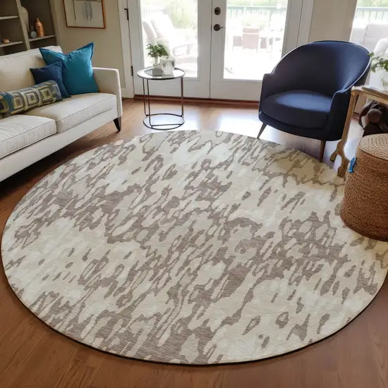 8' Ivory Beige And Brown Round Striped Washable Indoor Outdoor Area Rug Photo 7