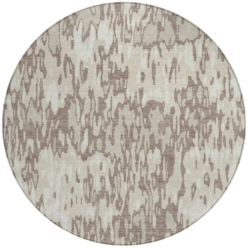 8' Ivory Beige And Brown Round Striped Washable Indoor Outdoor Area Rug Photo 5
