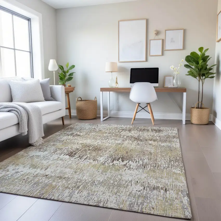 8' Ivory Beige And Brown Striped Washable Area Rug With UV Protection Photo 2