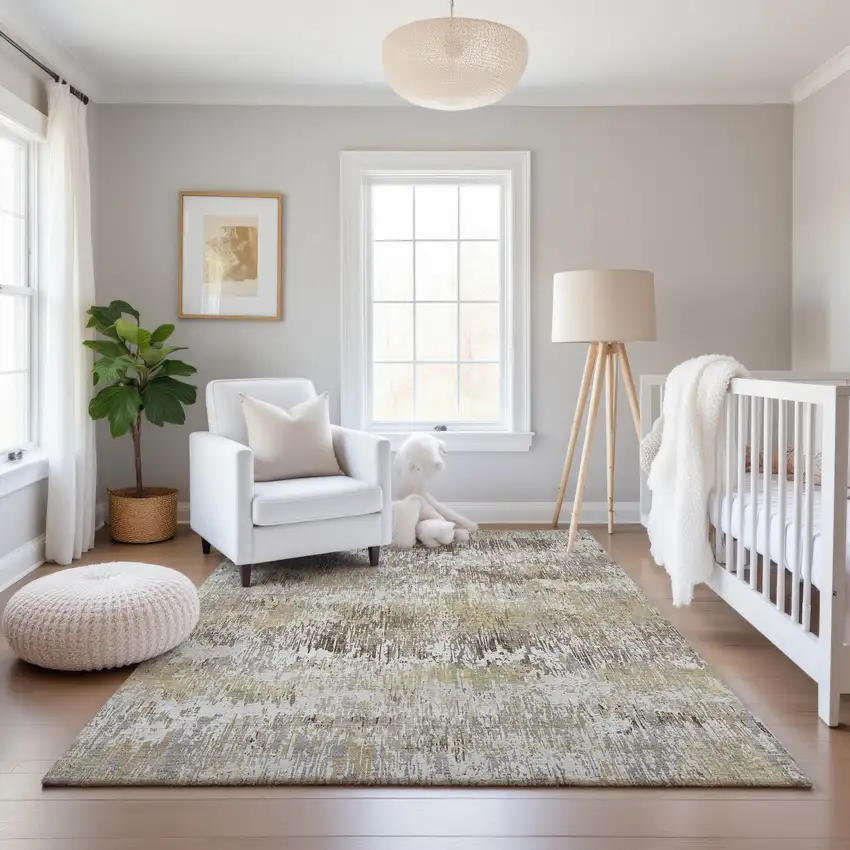 8' Ivory Beige And Brown Striped Washable Area Rug With UV Protection Photo 1