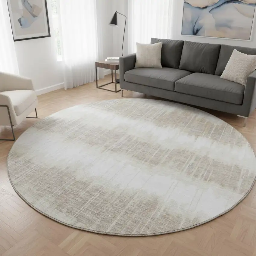8' Ivory Beige And Brown Striped Washable Round Rug With UV Protection Photo 2