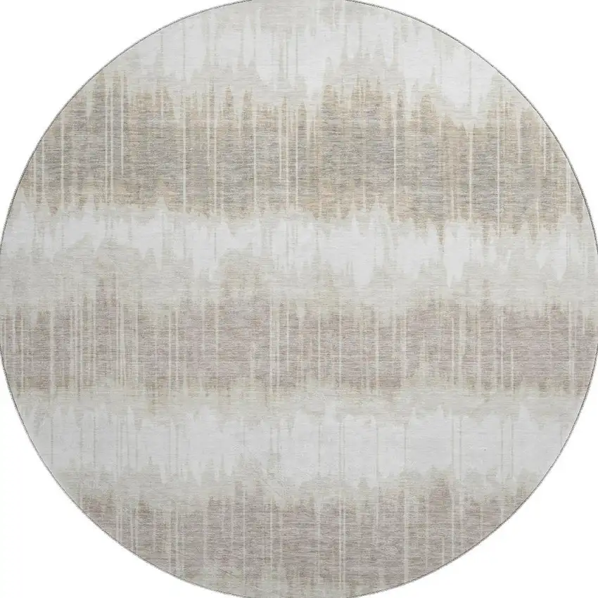 8' Ivory Beige And Brown Striped Washable Round Rug With UV Protection Photo 4