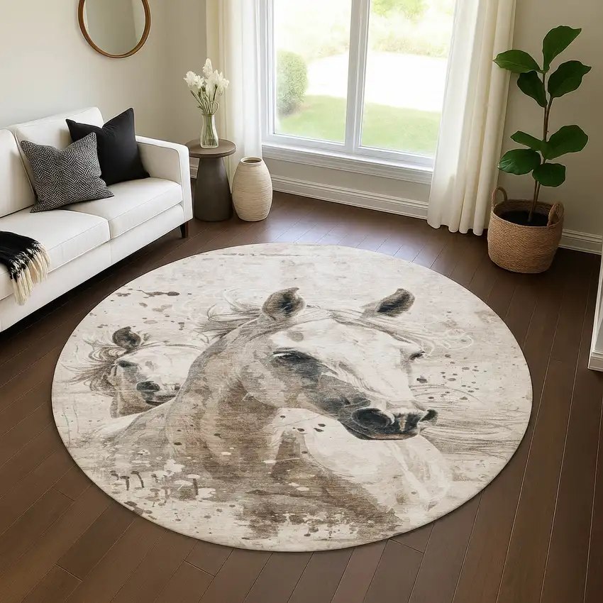 8' Ivory Beige And Charcoal Animal Print Washable Round Rug With UV Protection Photo 4