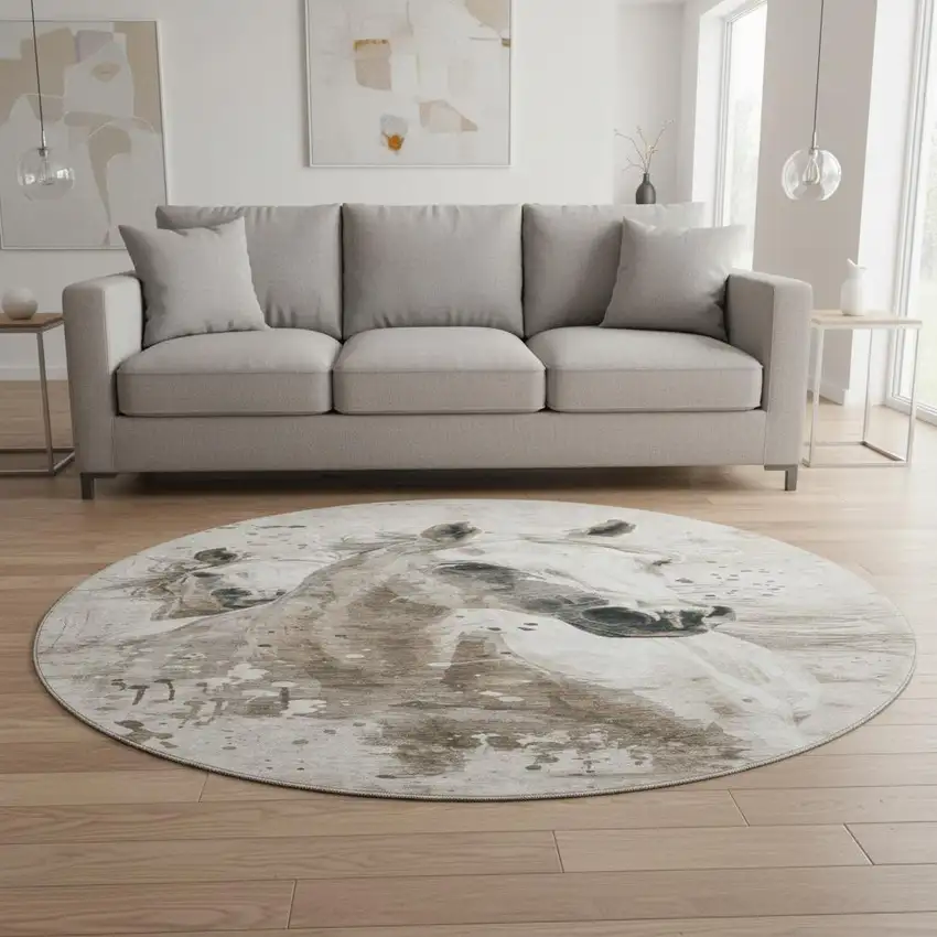 8' Ivory Beige And Charcoal Animal Print Washable Round Rug With UV Protection Photo 2