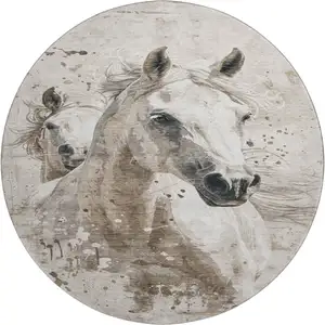 Photo of 8' Ivory Beige And Charcoal Animal Print Washable Round Rug With UV Protection