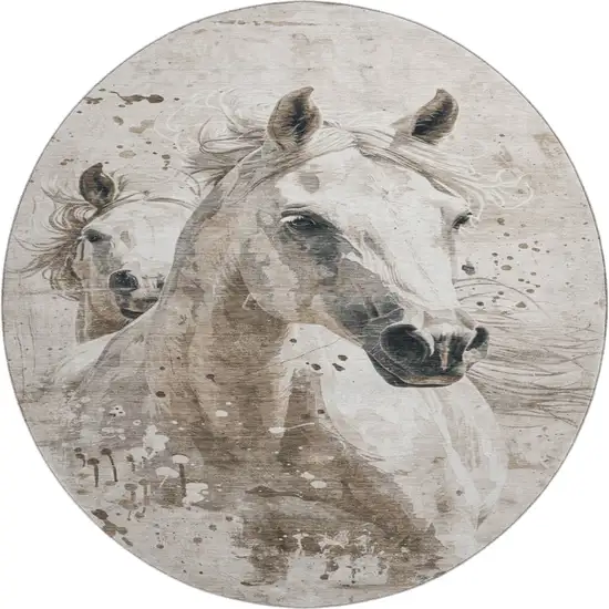 8' Ivory Beige And Charcoal Animal Print Washable Round Rug With UV Protection Photo 1