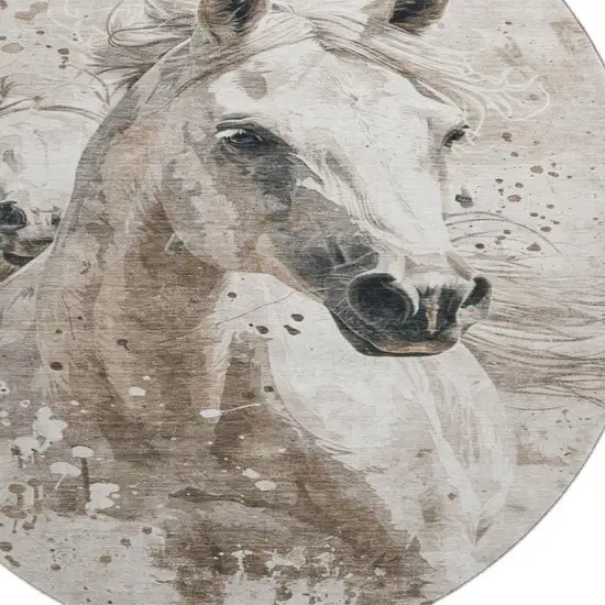 8' Ivory Beige And Charcoal Animal Print Washable Round Rug With UV Protection Photo 2