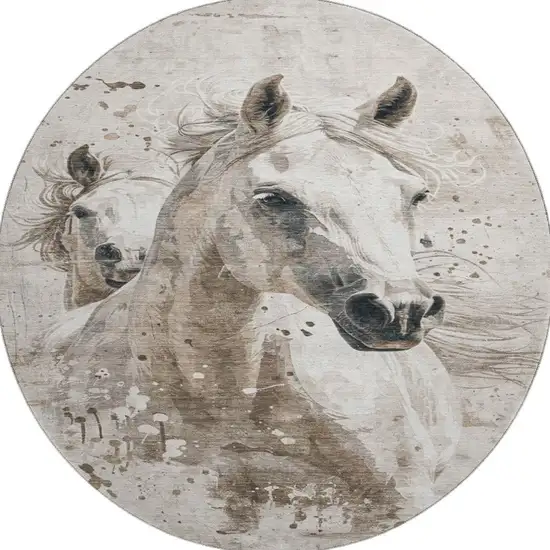 8' Ivory Beige And Charcoal Animal Print Washable Round Rug With UV Protection Photo 3