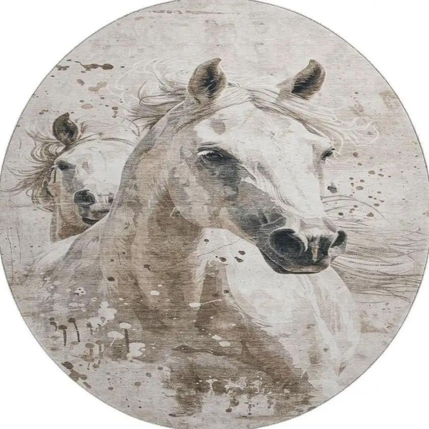 8' Ivory Beige And Charcoal Animal Print Washable Round Rug With UV Protection Photo 3