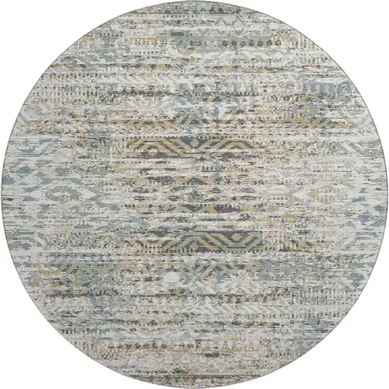8' Ivory Beige And Charcoal Moroccan Washable Round Rug With UV Protection Photo 1