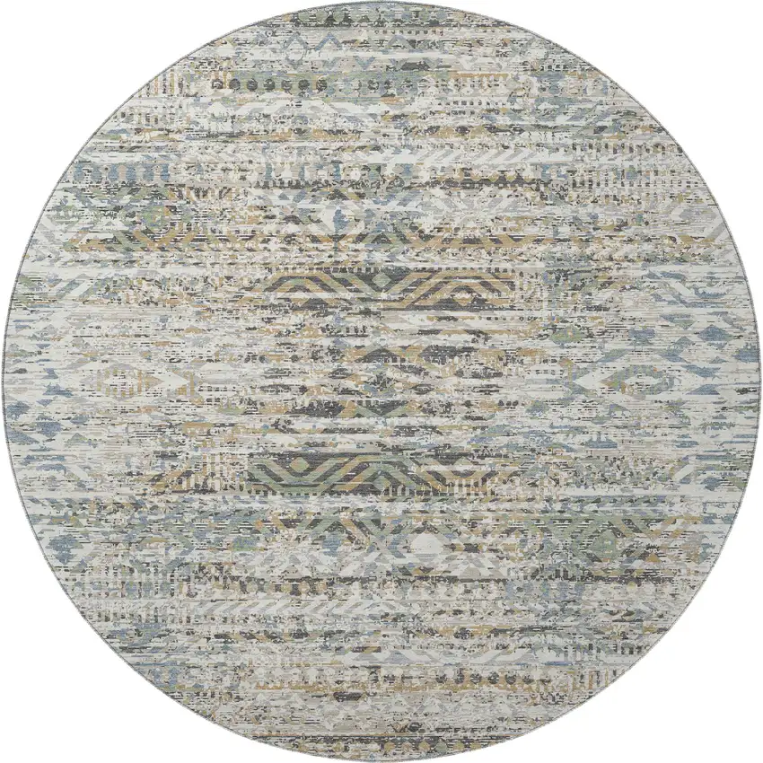 8' Ivory Beige And Charcoal Moroccan Washable Round Rug With UV Protection Photo 4