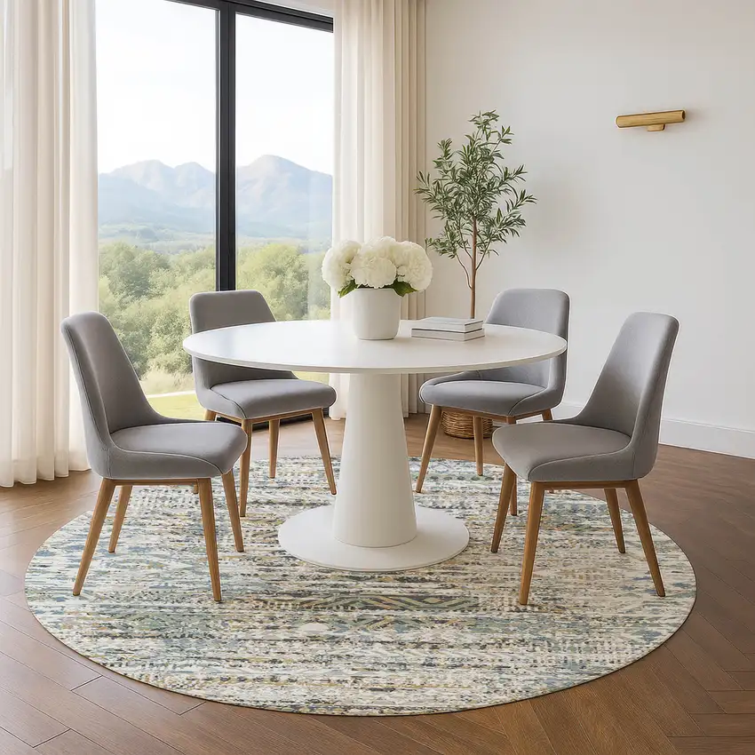 8' Ivory Beige And Charcoal Moroccan Washable Round Rug With UV Protection Photo 5