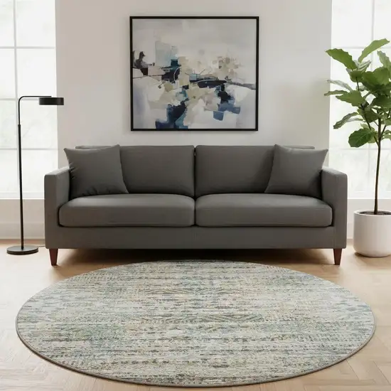 8' Ivory Beige And Charcoal Moroccan Washable Round Rug With UV Protection Photo 2