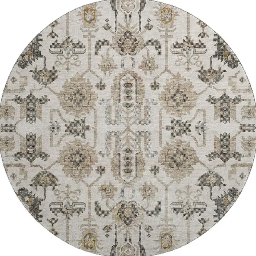 8' Ivory Beige And Charcoal Oriental Washable Round Rug With UV Protection Photo 3