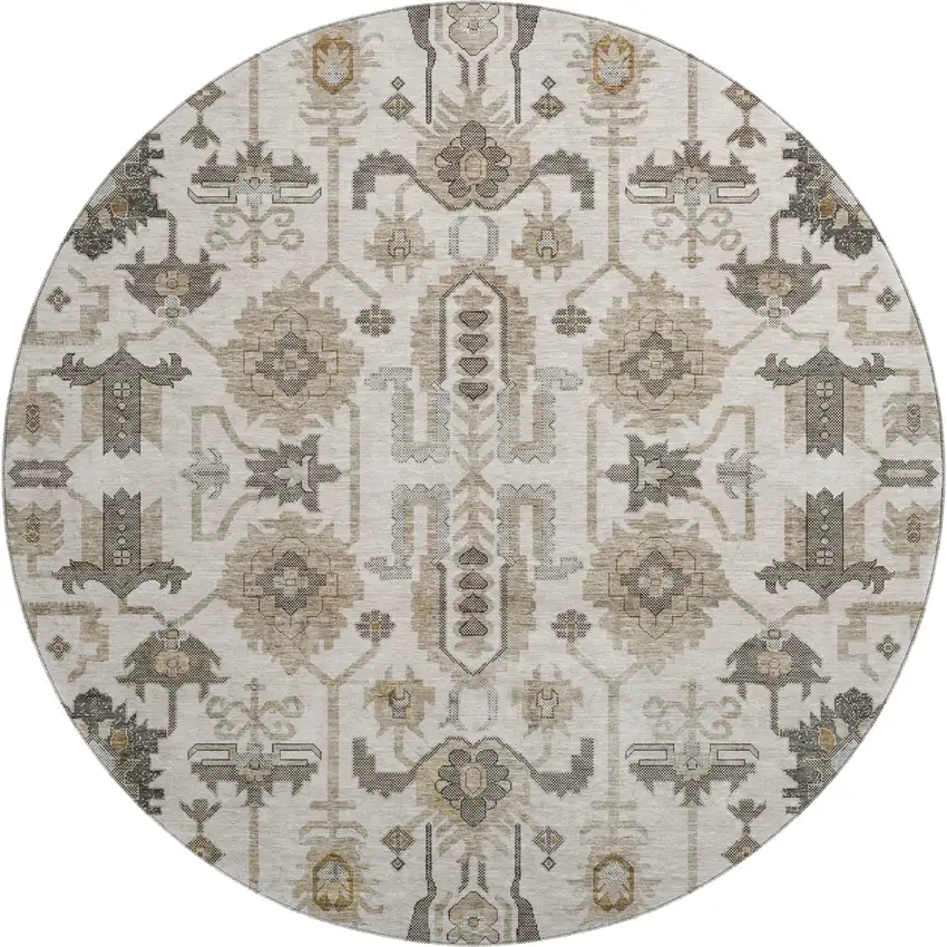 8' Ivory Beige And Charcoal Oriental Washable Round Rug With UV Protection Photo 1