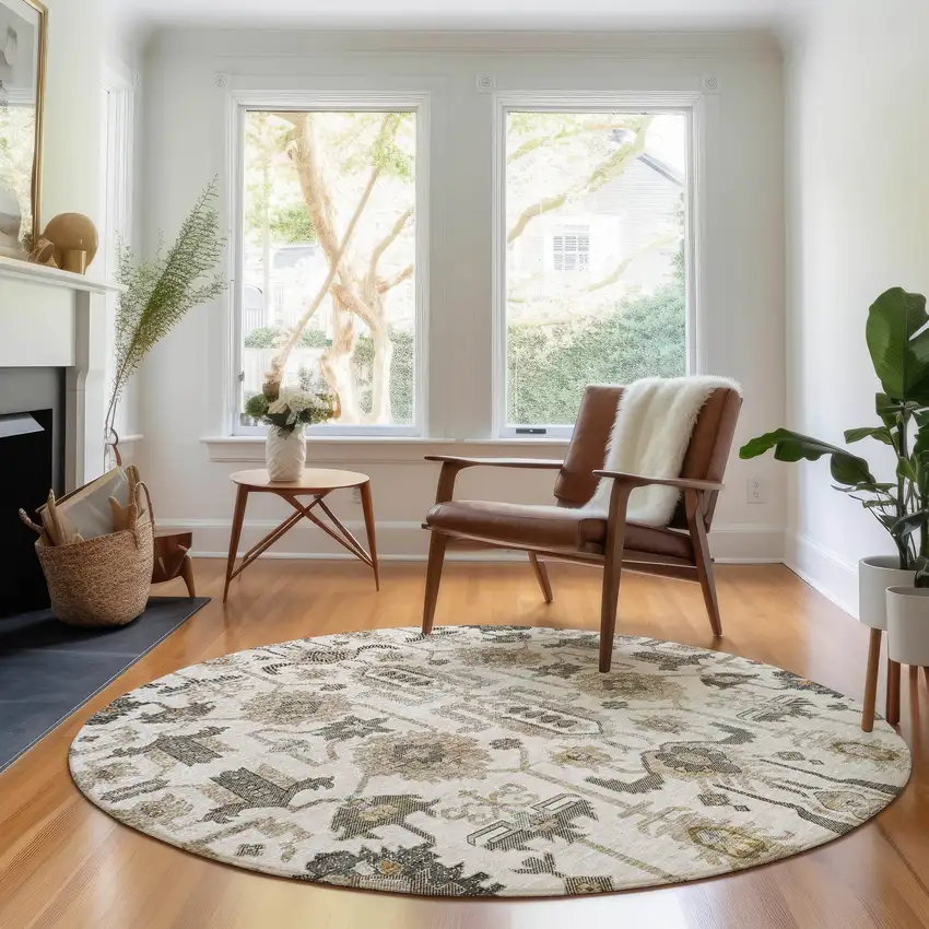 8' Ivory Beige And Charcoal Oriental Washable Round Rug With UV Protection Photo 4