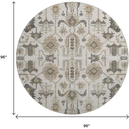 8' Ivory Beige And Charcoal Oriental Washable Round Rug With UV Protection Photo 9