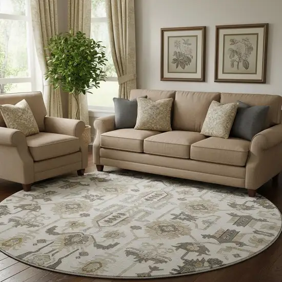 8' Ivory Beige And Charcoal Oriental Washable Round Rug With UV Protection Photo 1