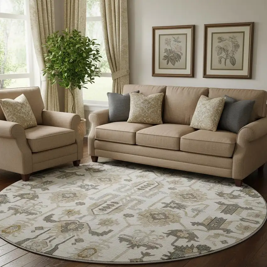 8' Ivory Beige And Charcoal Oriental Washable Round Rug With UV Protection Photo 1