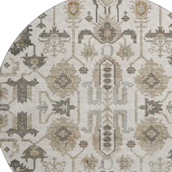 8' Ivory Beige And Charcoal Oriental Washable Round Rug With UV Protection Photo 2