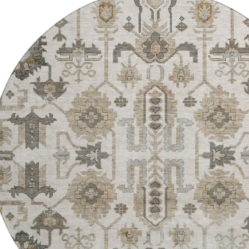 8' Ivory Beige And Charcoal Oriental Washable Round Rug With UV Protection Photo 2