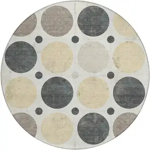 Photo of 8' Ivory Beige And Charcoal Round Geometric Washable Indoor Outdoor Area Rug