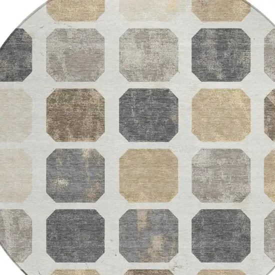 8' Ivory Beige And Charcoal Round Geometric Washable Indoor Outdoor Area Rug Photo 8
