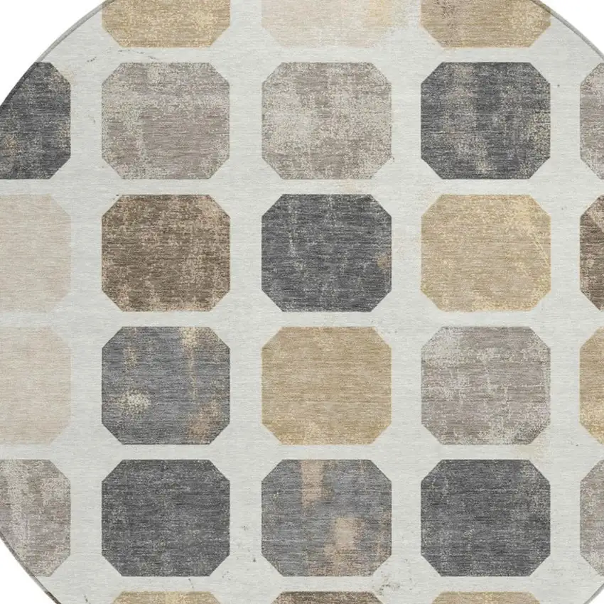8' Ivory Beige And Charcoal Round Geometric Washable Indoor Outdoor Area Rug Photo 8
