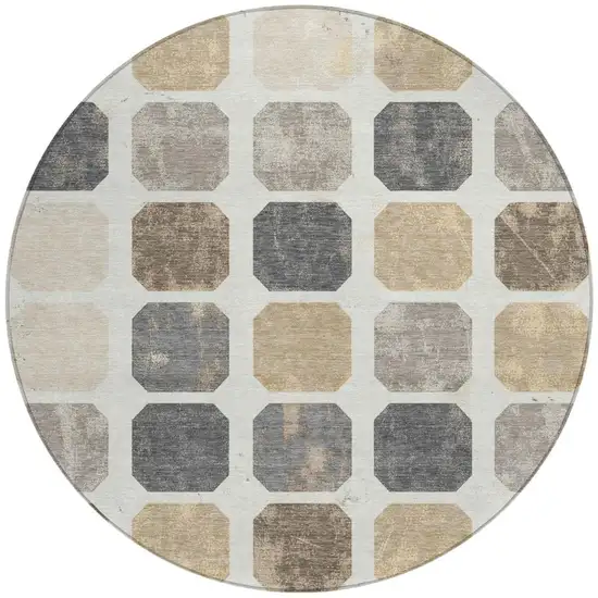 8' Ivory Beige And Charcoal Round Geometric Washable Indoor Outdoor Area Rug Photo 3
