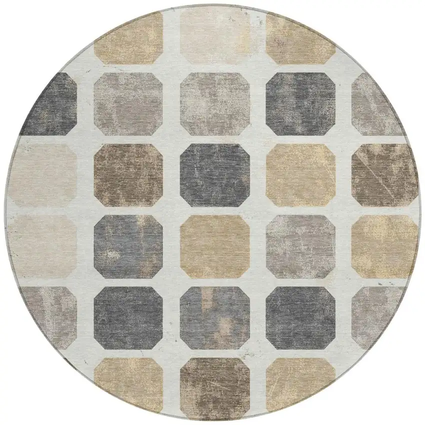 8' Ivory Beige And Charcoal Round Geometric Washable Indoor Outdoor Area Rug Photo 3